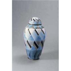 CAMILLE FAURE Limoges Deckelvase Kupfer patiniertes Messing. Umlaufendes geometrisches Dekor...