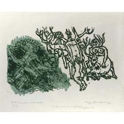 WOLFGANG FRANKENSTEIN (*1918) Bukolische Szene mit Leda Farblithographie in mehrtonigem Grün....
