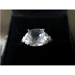 Pink quartz ring in silver set with 6 diamonds