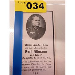 Karl Altmann Nazi soldier death card