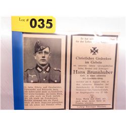 Hans Brunnhuber Nazi German WWII death card