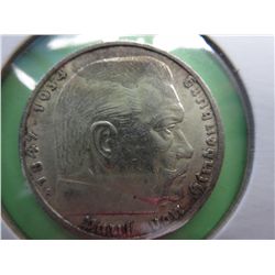 1936 silver Paul von Hindenburg 5 Reichsmark coin