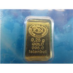.999 solid gold .25 gram gold bar