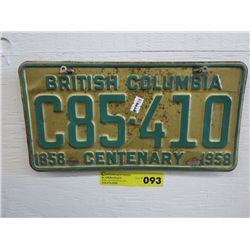 One BC Centenary 1957 license plate