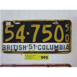 Single BC 1950-51 license plate