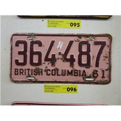 Single BC 1961 license plate