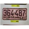Image 1 : Single BC 1961 license plate