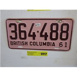 Single BC 1961 license plate