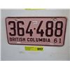 Image 1 : Single BC 1961 license plate