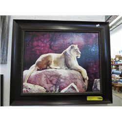 Framed paint on canvas, lioness