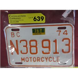 1974 BC motorcycle license plate