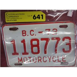 1972 BC motorcycle license plate