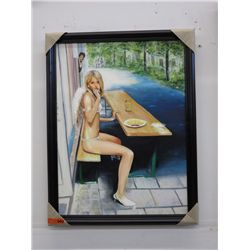 Paint on canvas, angel eating fries - framed