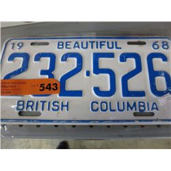 1968 Vintage BC license plate