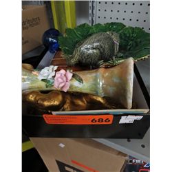 Box of vintage china and glazed ware and wood