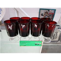 8 vintage clear to red glasses
