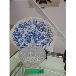 Pressed glass dish & blue & white platter