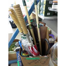 Box containing assorted umbrellas & garden hose