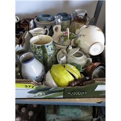Box of vintage and new glass, ceramic and pottery