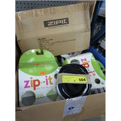 A box of Zip It bags and plastic webbing