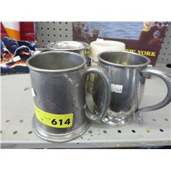 Four mugs, 3 pewter, one ceramic