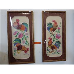 2 vintage dyed and embroidered panels of roosters