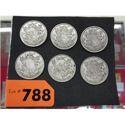 Six Canadian 50-cent pieces, circulated
