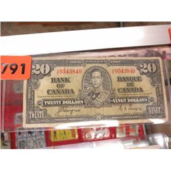 1937 King George $20 Canadian bank note