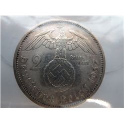 Nazi German 1937 60% silver 2 Reichsmark coin
