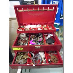 Large red velvet lined jewel box & contents