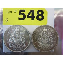 2x Canada fifty cent 1965 silver pieces