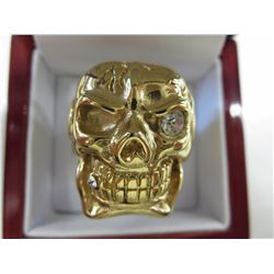 gold clad skull ring with crystal eye & cigarette