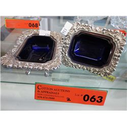 2 silver plated blue cobalt glass condiment dishes