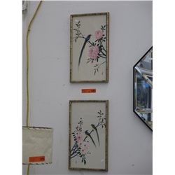 Pair of paint on silk pictures. 11" x 17"