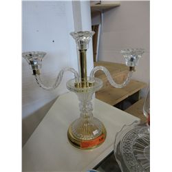 Glass and brass three hole candelabra