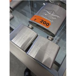 3 stainless flasks with logos