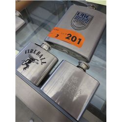 3 stainless flasks with logos