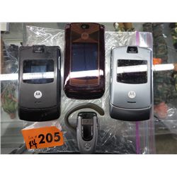 3 cell phones and a Bluetooth ear bud.