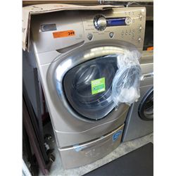 GE Profile Washer, grey, with a pedestal