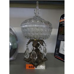 Vintage lidded crystal dish on a brass stand