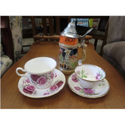 2 china teacups & saucers, 1 stein