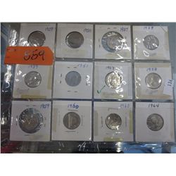 12 Canadian nickels 1929-1964, circulated