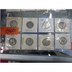 8 Canadian quarters 1940-1968, circulated