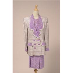 adolfo three piece suit The suit is comprised of a wool blazer in shades of cream, purple, and pi...