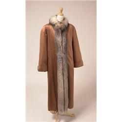 SATIN COAT WITH FOX TRIM AND RABBIT LINING The full length, copper coloured, water resistant sati...