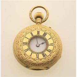 lady's pocket watch, gold case The 18K yellow gold demi-hunter case with blue enamelled Roman num...