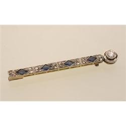 antique sapphire and diamond bar pin In platinum topped 18K yellow gold, a .22 carat round brilli...