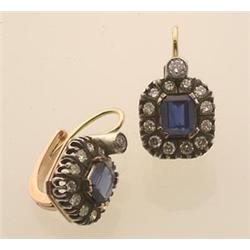 sapphire cluster drop earrings In silver topped 14K rose gold, with European hinged backs for pie...