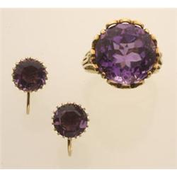 amethyst and gold ring, with earrings A round facetted 13.14 carat amethyst is set with four claw...