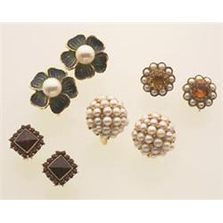 four pairs of gold and gemstone earrings All in yellow gold for non-pierced ears, the lot compris...